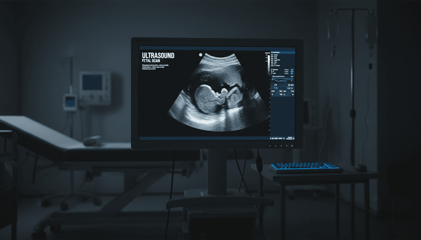 Ultrasound monitor showing detailed imaging during a scan
