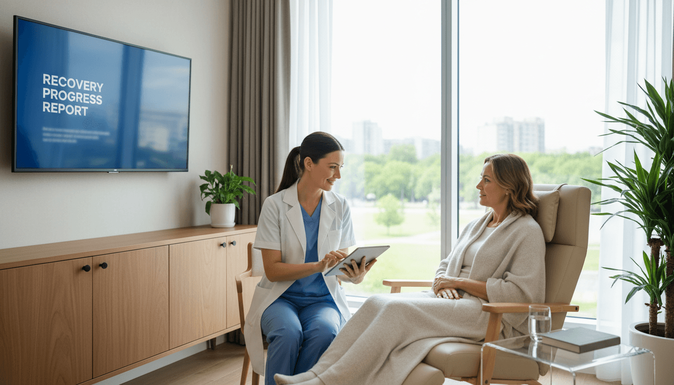 Clinician reviewing recovery notes with a patient after treatment