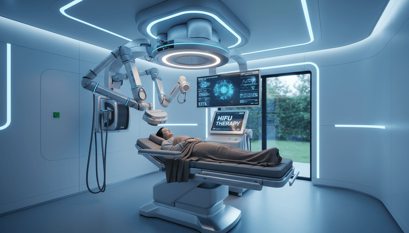 Patient positioned in a modern treatment room for a HIFU procedure