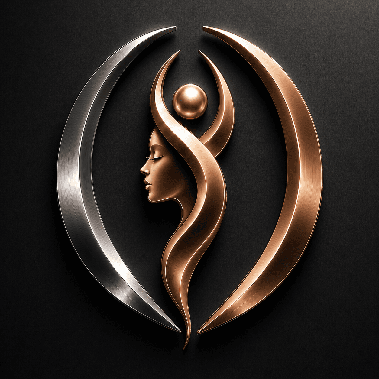 Metallic logo featuring a female profile and figure between silver and bronze crescent shapes.